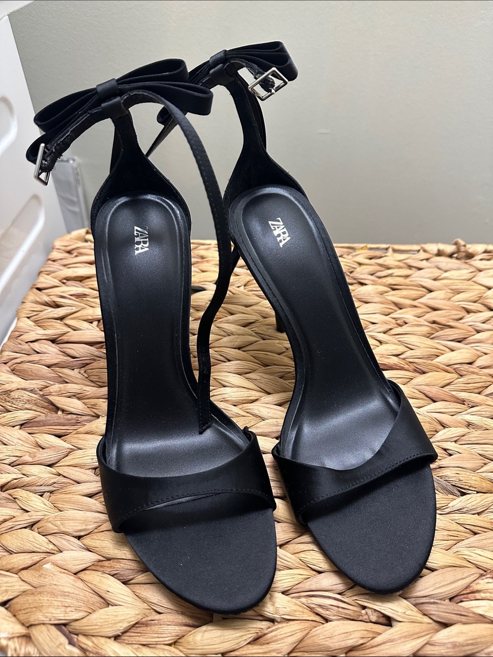 Zara Black Bow Ankle-Strap Heels
